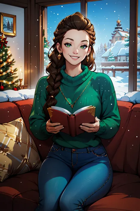 a woman sitting on a couch reading a book in front of a christmas tree