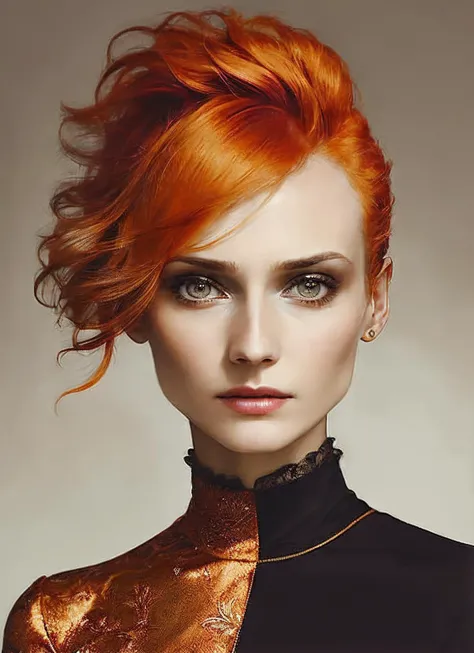 portrait of sks woman by Flora Borsi, style by Flora Borsi, bold, bright colours, orange Mohawk haircut, ((Flora Borsi)), <lora:locon_diane_v1_from_v1_64_32:1.3>