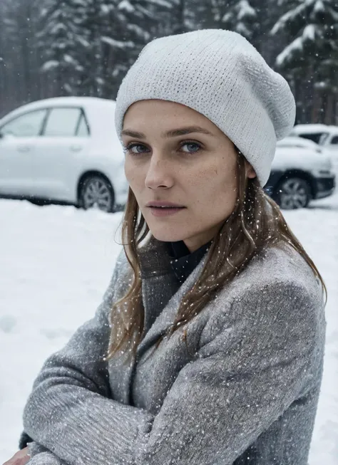 RAW photo of a sks woman, sitting in outdoor car ,winter ,snowy , ((wearing cap)), (detailed face), grunge, ((visual kai)),  ((full body)), (high detailed skin:1.2), 8k uhd, dslr, soft lighting, high quality, film grain, Fujifilm XT3, <lora:locon_diane_v1_...