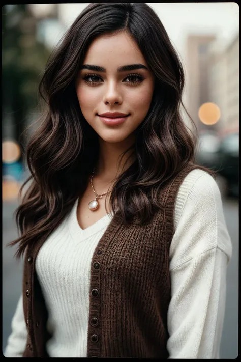 photo of (bb1ancard1-130:0.99), a woman, perfect hair, posing, (vintage photo, sweater vest), (closeup portrait), necklace, 24mm, (tintype), (analog, cinematic, film grain:1.3), ((plaing Medium Brown background, gradient)), ((detailed eyes)), smiling, (epi...