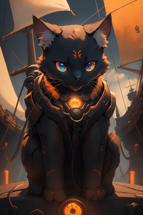 black cat, (orange glowing eyes:1.2), (scar on the eye:1.1),( pirate style:1.1), with a pirate ship in the background , (8k resolution:1.3) ((masterpiece)), (high quality), (best quality), (detailed), hd, perfect night lighting, detailed face, detailed bod...