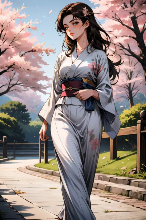 a woman in a kimono walking down a sidewalk with a cherry tree in the background