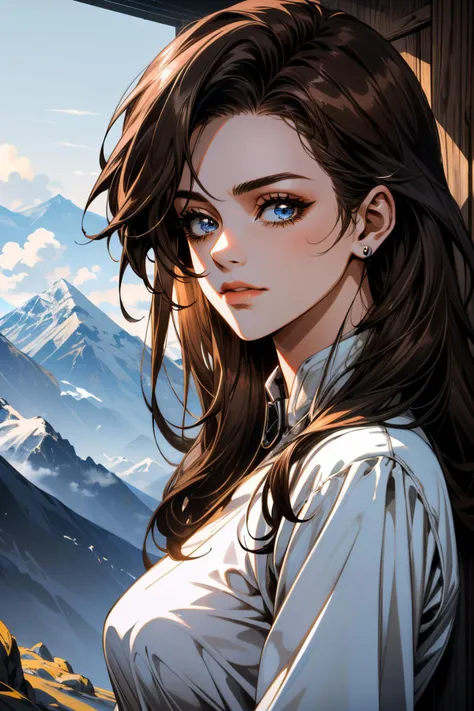 a woman with long brown hair and blue eyes standing in front of a mountain