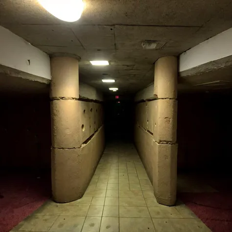 creepy horror basement in a closed mall without any people, small  holes in the wall with scary women eyes looking through it, there is no sun light, part of the mall look old and not well lit <lora:liminalspaces768:1>