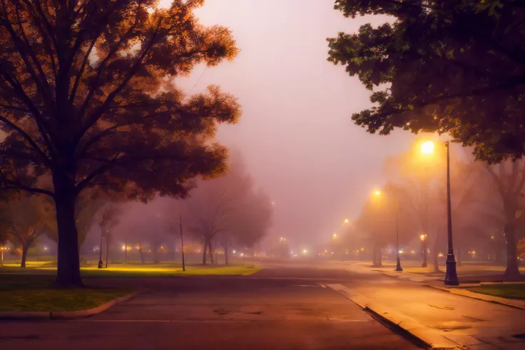 arafed view of a street with a light post and trees