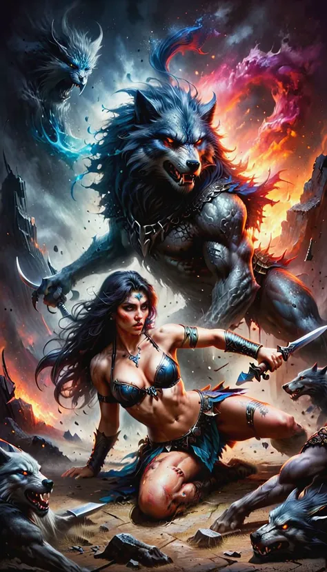 Acrylic Painting a vivid Fantasy detailed illustration of  the brave Woman Barbarian fights with dark ais-crsd werewolf  <lora:Cursed:0.5>, Another woman lies on the ground,
in the style of Boris Vallejo,
ral-dissolve, <lora:ral-dissolve:0.85>, <lora:SDXLF...