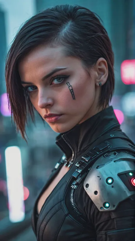 raw photo, a cyberpunk girl, sharp focus, depth of field city background, best quality, upper body, 16k resolution,