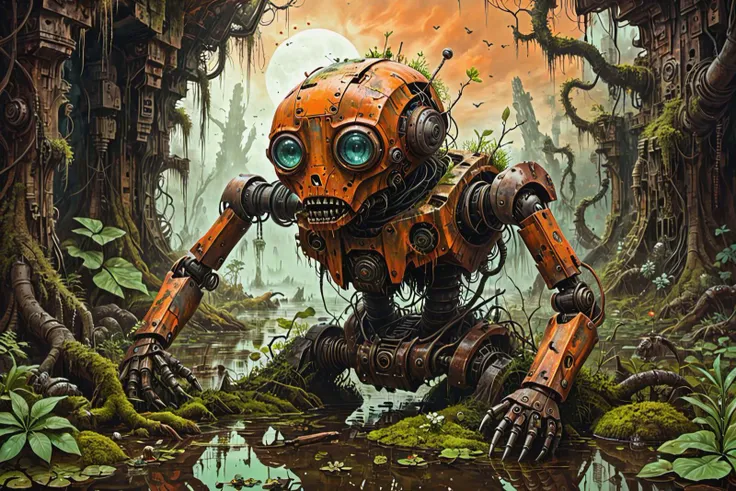 a vivid scifi illustration of fantastical surreal broken rusted and overgrown war robot drowned in a swamp, destroyed weapons, machinery, moss, leaves, trees, jungle, dark-orange sky,
 <lora:Dystopia:0.25> <lora:The_Crazy_Style:0.3> 
 <lora:linquivera:0.7>...