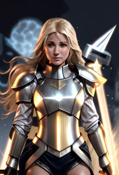 emannuelle2 , cowboy shot of beautiful paladin, yellow eyes, windblown long blonde hair, white heavy armor, sword, pauldrons, glowing halo, temple indoors, volumetric lighting, best quality, masterpiece