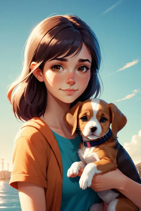 by  Lois van Baarle  and  Emiliano Ponzi  ,   cute 18 year old woman and her puppy    <lora:more_art:0.30><lora:clothing_slider:2.00><lora:great_lighting:1.30><lora:aesthetic:1.15><lora:photorealistic_portrait:1.25><lora:RMSDXL_Enhance:0.45><lora:RMSDXL_Cr...