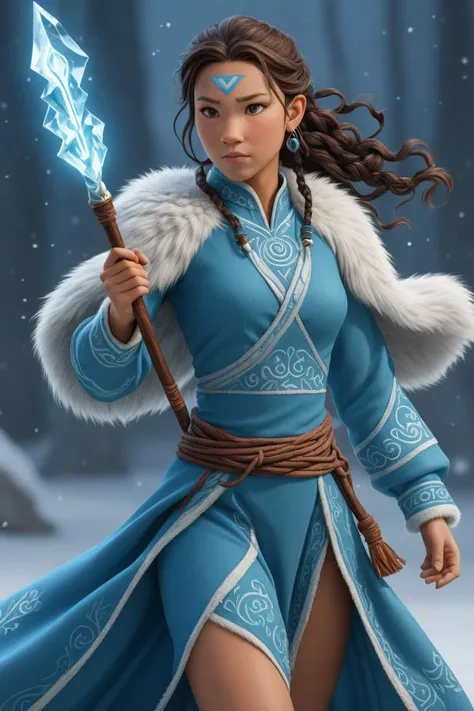 full body (RAW photo:1.3) of KATARA,<lora:KataraV2:1.8> in a gorgeous blue dress (fur element), holding an ice bolt in her hand, look at viewer <lora:extremely_detailed:1.8> <lora:XDetail_light:1.3>,amazing details, HDR, bloom, subsurface scattering, dress...