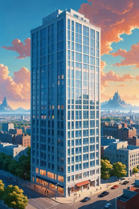 a painting of a tall building with a sky background