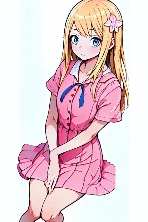 anime girl in pink dress sitting on the ground with her legs crossed