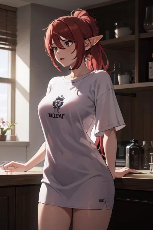 1girl, elf, red hair, ponytail,  large breasts,  <lora:oversized_shirt:1> Oversized shirt, oversized clothes, shirt, (masterpiece, best quality:1.2), 4k, highres, detailed background, extremely high-resolution details, highly detailed, volumetric, dramatic...