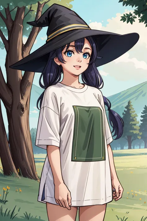 a woman in a witch hat and white shirt standing in a field