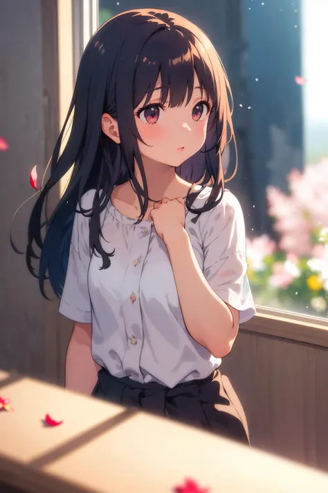 a girl, (out the window:1.1), (outside view:1.1), From the third person, fluttering petals, (depth of field, blurry, blurry background, bokeh:1.2)