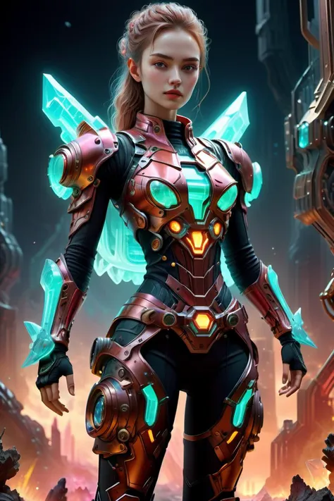 a woman in a futuristic suit stands in front of a city