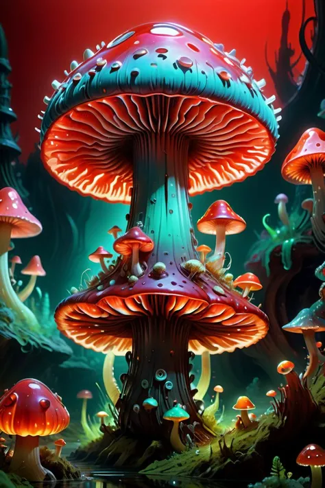 a close up of a mushroom field with many different colored mushrooms