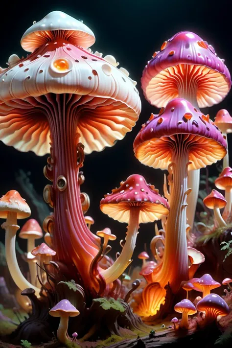 mushrooms are growing on a tree stump in the dark