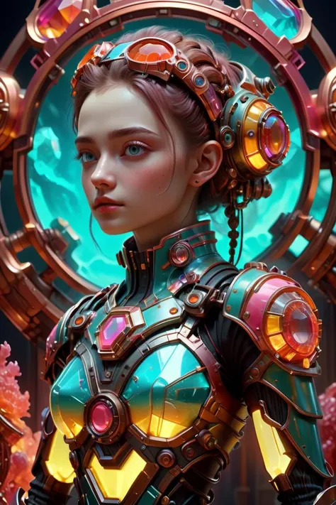 a close up of a woman in a futuristic suit with a circular mirror