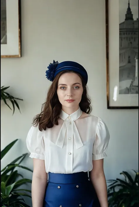 a portrait photo of a beautiful pale woman, Sapphire Blue Silk blouse tucked into a sequined pencil skirt and a cloche hat, shot with Rolleiflex 2.8F, detailed face, detailed hair, best quality, masterpiece, (photorealistic:1.4) <lora:LucidLavender:1>