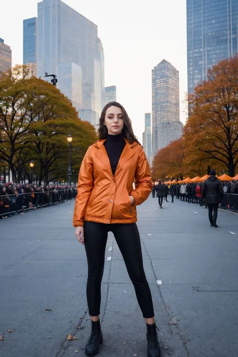 Instagram picture of a beautiful woman, adorned in an orange jacket, Illustrious Battery Park, NYC, large crowd, full body, epic character composition,by ilya kuvshinov, alessio albi, nina masic,sharp focus, subsurface scattering, f2, 35mm, film grain <lor...