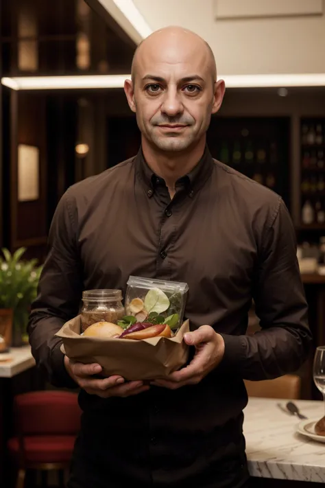 portrait of aid3n_n0texist dressed as a waiter, carrying food in a restaurant, huge grin, looking at the camera, facing the camera, dynamic lighting, photorealistic, high detail, detailed, masterpiece, 8k, highres, flawless, colour, professional