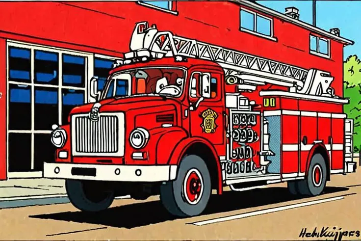 cartoon fire truck with a fireman on the side of it