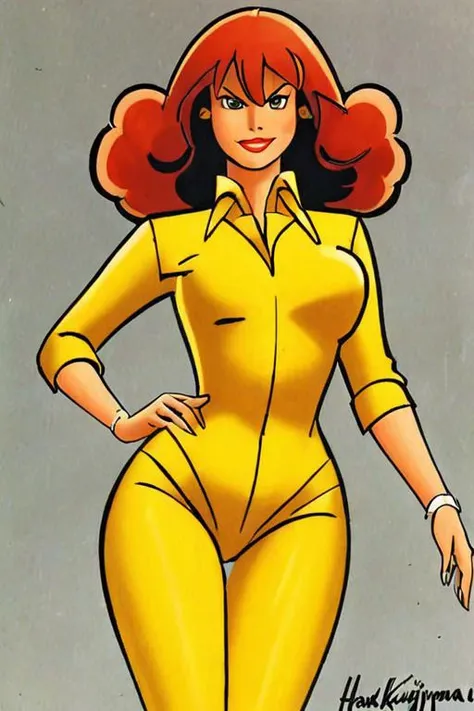 a cartoon of a woman in yellow is posing for a picture