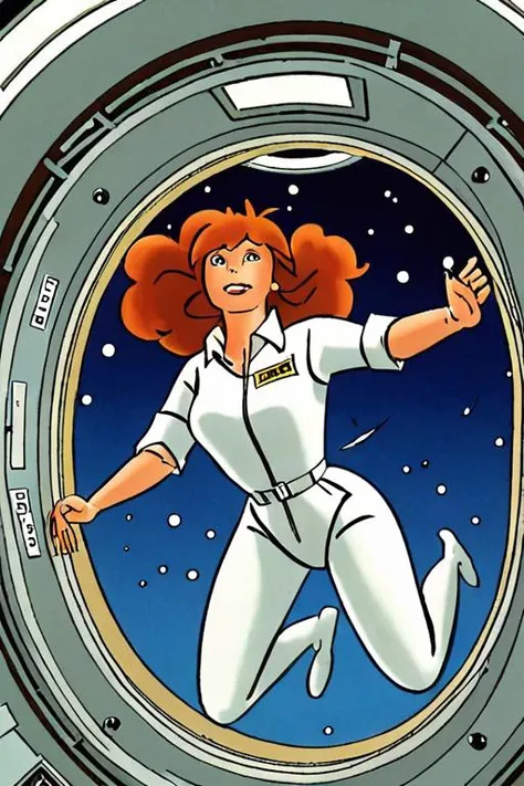 a close up of a cartoon of a woman in a space station