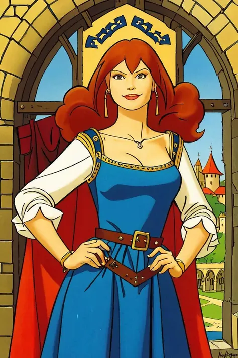 a cartoon of a woman in a blue dress and red cape