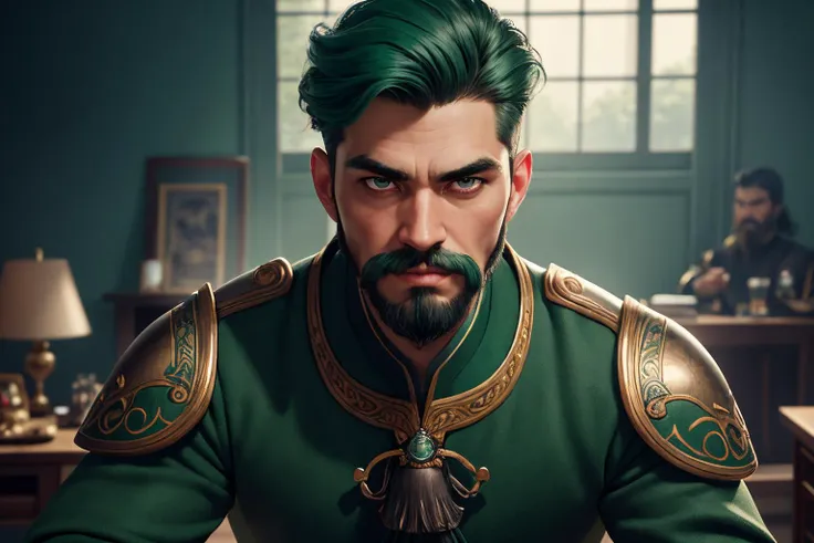 an awarded profesional photography of (1man:1.3) Maya  with aquamarine eyes  with  male thin beard hairstyle and Fu Manchu mustache in green  color, wearing a suit of armor   cheeky, archer pose  in bedroom ,(epic scene:1.3),ultradetialed character with pe...