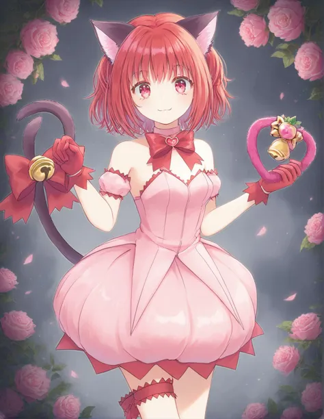 a woman in a pink dress holding a pink cat and a pink rose