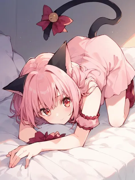 anime girl laying on bed with cat ears on her head