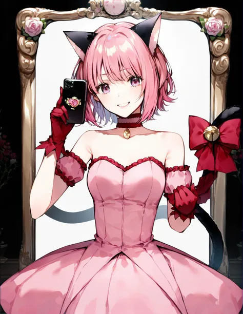 anime girl in pink dress holding a cell phone in front of a mirror