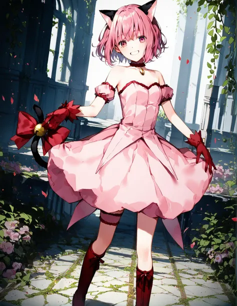 anime girl in a pink dress with a cat ears and a bow