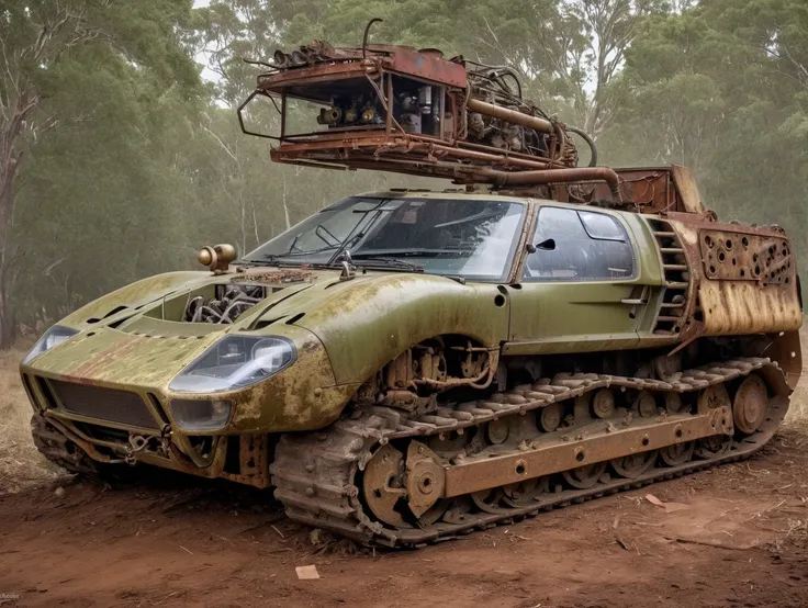 ((camoflage gt40 mkii)), dieselpunkai combine harvester,
turret to side, missile launcher, cannon, sharp metal protrusions, cattle guard, rust, scratches, bullet holes, metal panels, exposed wires, saw blades, splatted paint, chains, robotic arm, hydraulic...