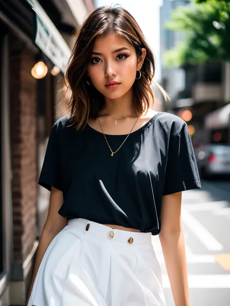 BJ_Street-photo,1girl,solo,looking_at_viewer,skirt,brown_hair,shirt,jewelry,white_shirt,short_sleeves,outdoors,black_skirt,medium_hair,necklace,blurry,lips,blurry_background,realistic,shirt_tucked_in,
cinematic lighting,strong contrast,high level of detail...