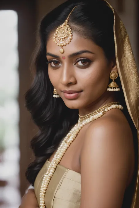 RAW photo, a portrait photo of a kerala vogue model in fashionable kerala white and gold kasavu style, (detailed skin:1.3), (detailed face:1.3), film grain, Fujifilm XT3, vogue photoshoot, (background is a kerala ancestral home at golden hour:1.2), two ton...