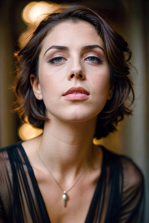 a close up of a woman with a necklace on her neck