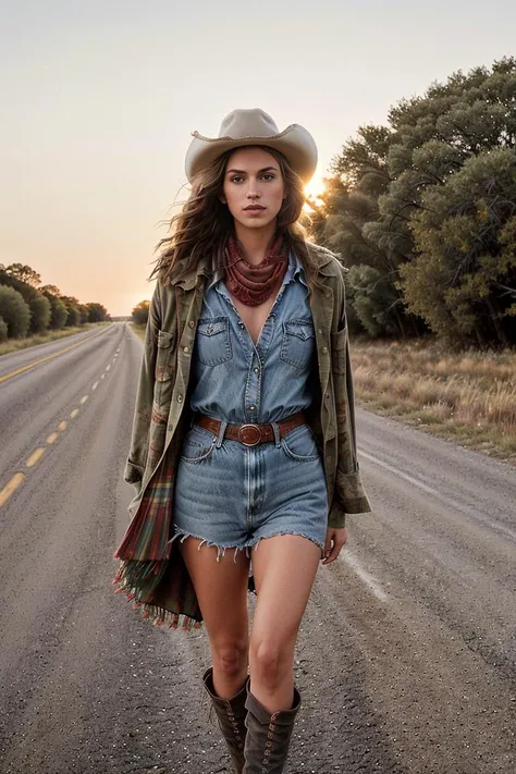 arafed woman in cowboy hat and denim shorts walking down a road