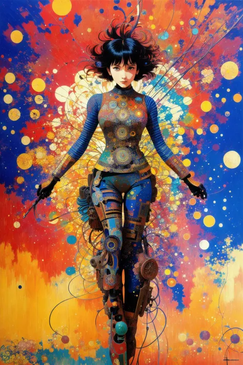 [mechanical girl:abstract background:0.5], explosive pose, expressionism, digital art, colorful background, absurdist highly detailed, brush strokes, acrylic paint, pointilism, muted colors, by satoshi kon, by alphonse mucha, by raphael,  <hypernet:discoEl...