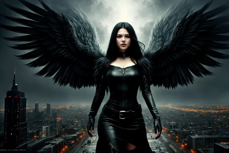 Wallpaper painting Seb McKinnon female dark angel (thick flowing  black hair)  complex city background