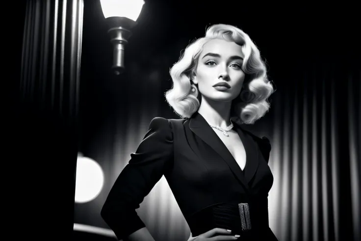 black and white still photo of RoxieCipher with wavy platinum blonde 1940s hair, wearing a 1940s dress, femme fatale from a film noir movie, city street at night, street lamps, steam rising, Robert Siodmak, cinematic lighting, atmospheric, dark, nostalgic,...