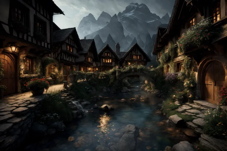 the hobbit, tolkien, a medieval village in switzerland with river and pool, ornate, beautiful, atmosphere, vibe, flowers, concept art illustration, greg rutowski, volumetric lighting, sunbeams, particles, <lora:epiNoiseoffset_v30:1>, oversaturate, intricat...