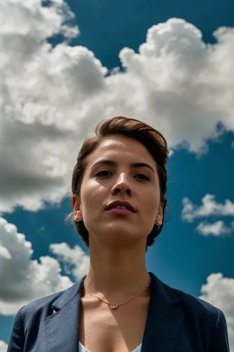 (from below:0.6), portrait photo of woman in clothes, face, short hair, posing, beautiful background, clouds, wind, 8k uhd, high quality, film grain