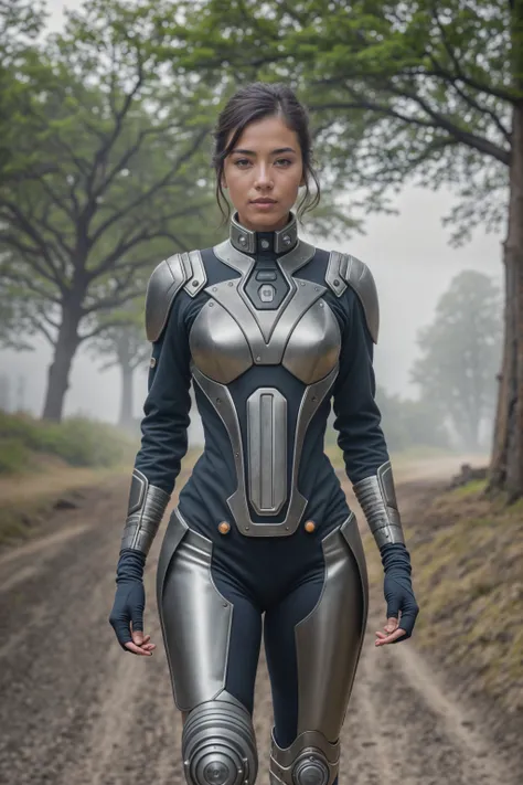 a woman in a futuristic suit walking down a dirt road next to a car and a car in the background,  dieselpunk, concept art, antipodeans,    (high detailed skin:1.2)  extremely high quality RAW photograph, detailed background, intricate, Exquisite details an...