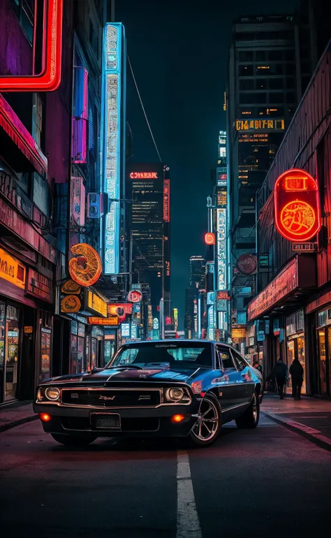 hyper realistic,metal,professional photo of a futuristic muscle car with multiple modifications, large wheels, driving, cybernetic hood, cyber car parts, front pop up headlights, science fiction, sci-fi scenario, (night), natural light, cyberpunk, futurist...