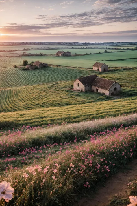 ground view, countryside, village, far away, abandonned, early morning, tender gentle sunrise, soft colors, pastel, beauty, flowers, 8k, high resolution, masterpiece, best quality, high quality, very detailed, insanely detailed, professional light, canon p...