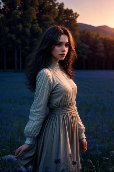 (masterpiece:1.2), (best quality,:1.2), 8k, HDR, ultra detailed, ((photorealistic)), cinematic lighting,  depth of field, 
a slender woman is standing on a meadow covered with cornflowers and poppies,